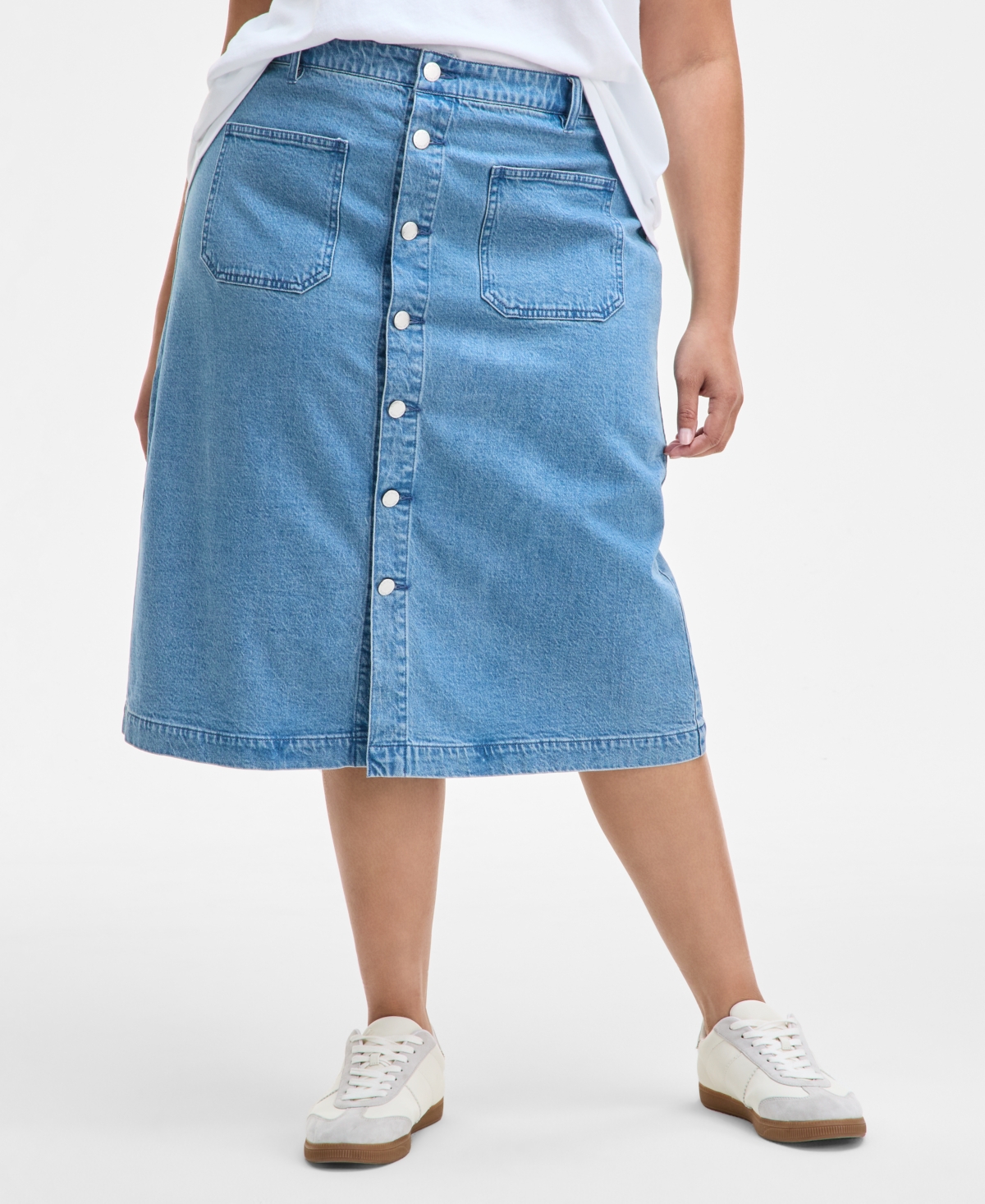 On 34th Trendy Plus Size Patch-pocket Denim Midi Skirt, Exclusively At Macy's In Soda Wash