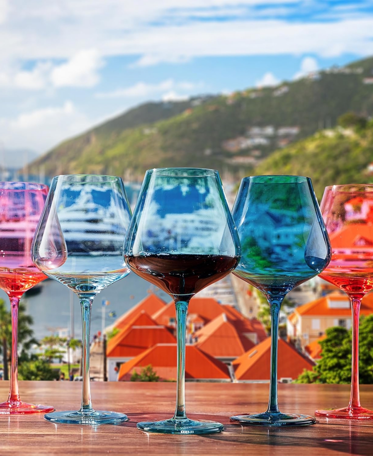 The Wine Savant Colors Of St Barths Island Wine Glasses, Set Of 5 In Blue,pink