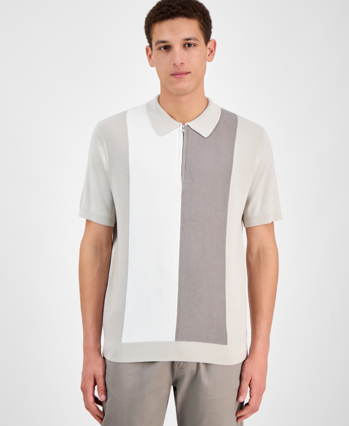 Men's Short Sleeve Quarter-Zip Colorblocked Textured Polo Sweater, Exclusively at Macy's - White Tea