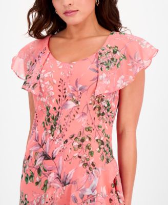 Petite Floral Flutter-Sleeve Midi Dress