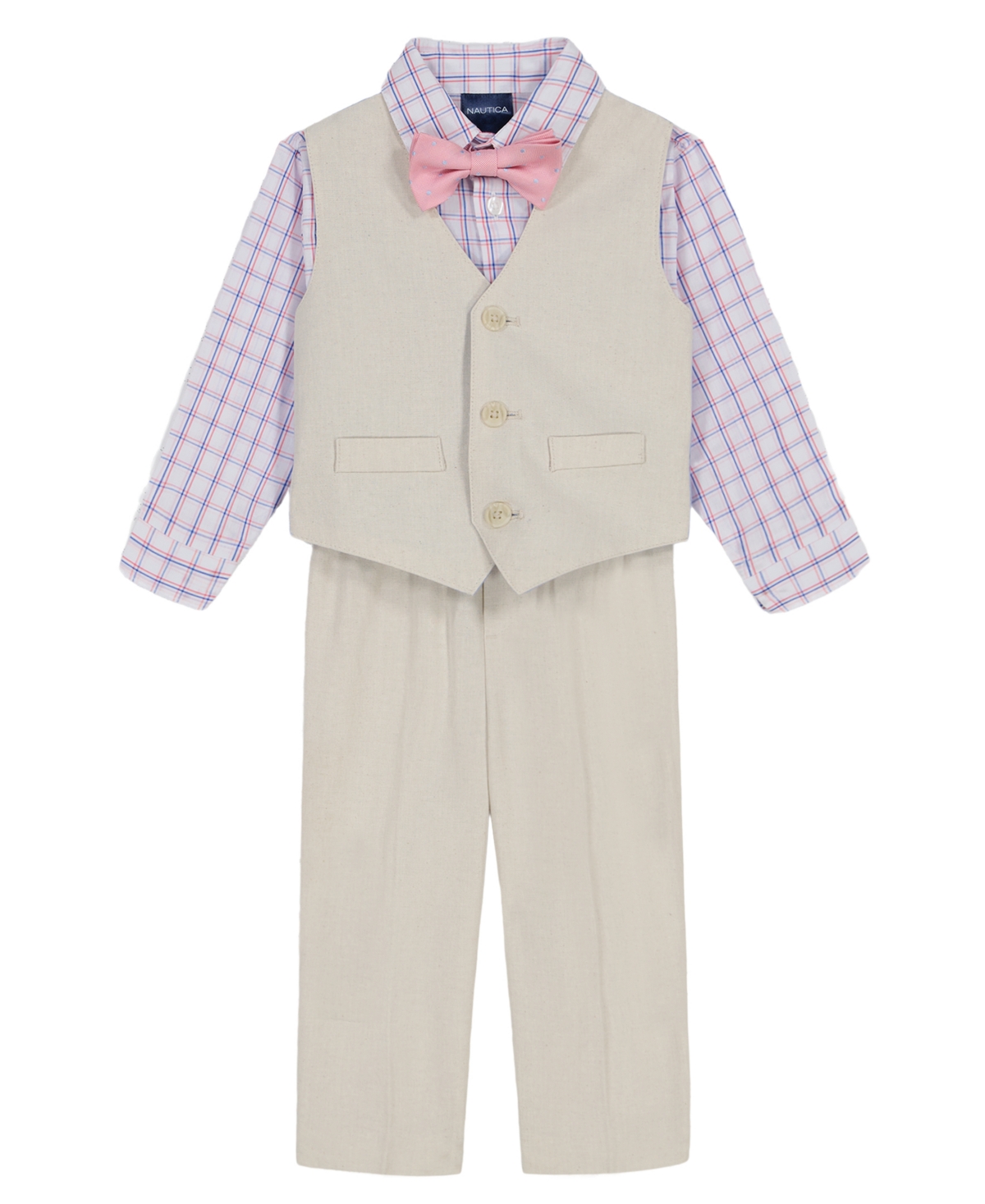 Shop Nautica Baby Boys 4-piece Linen Look Vest With Bow Tie Set In Light Khaki