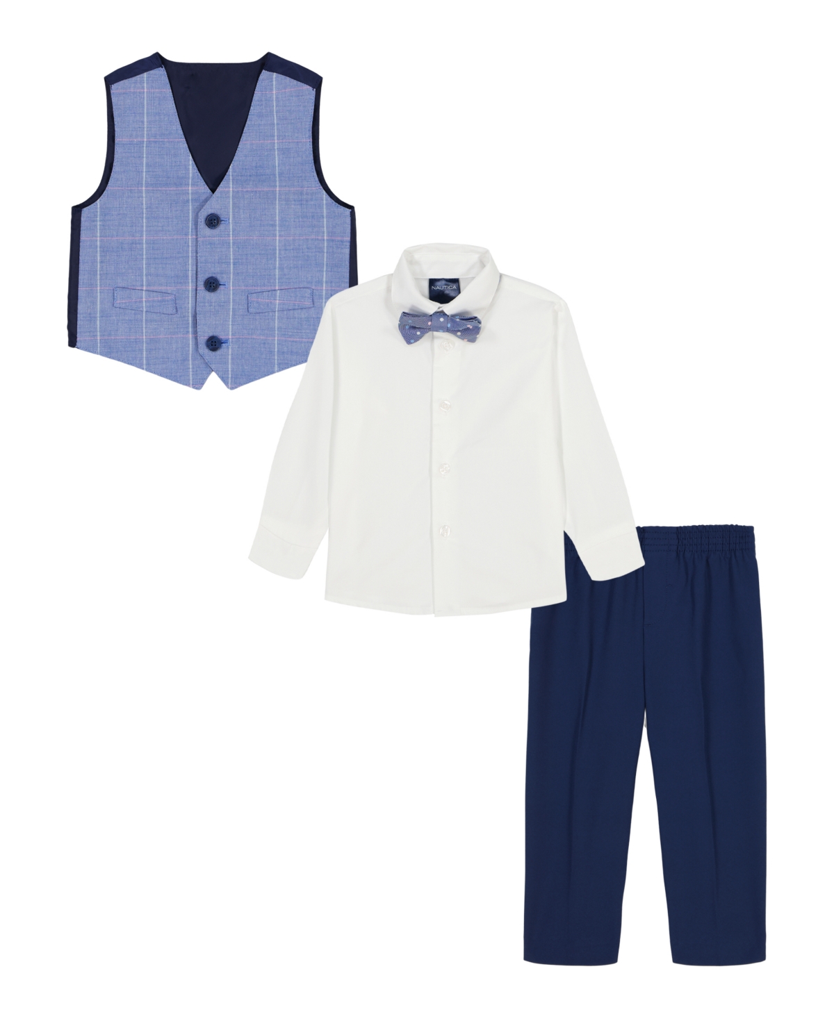 Nautica Baby Boys 4-piece Sharkskin Windowpane Duo Vest With Bow Tie Set In Blue