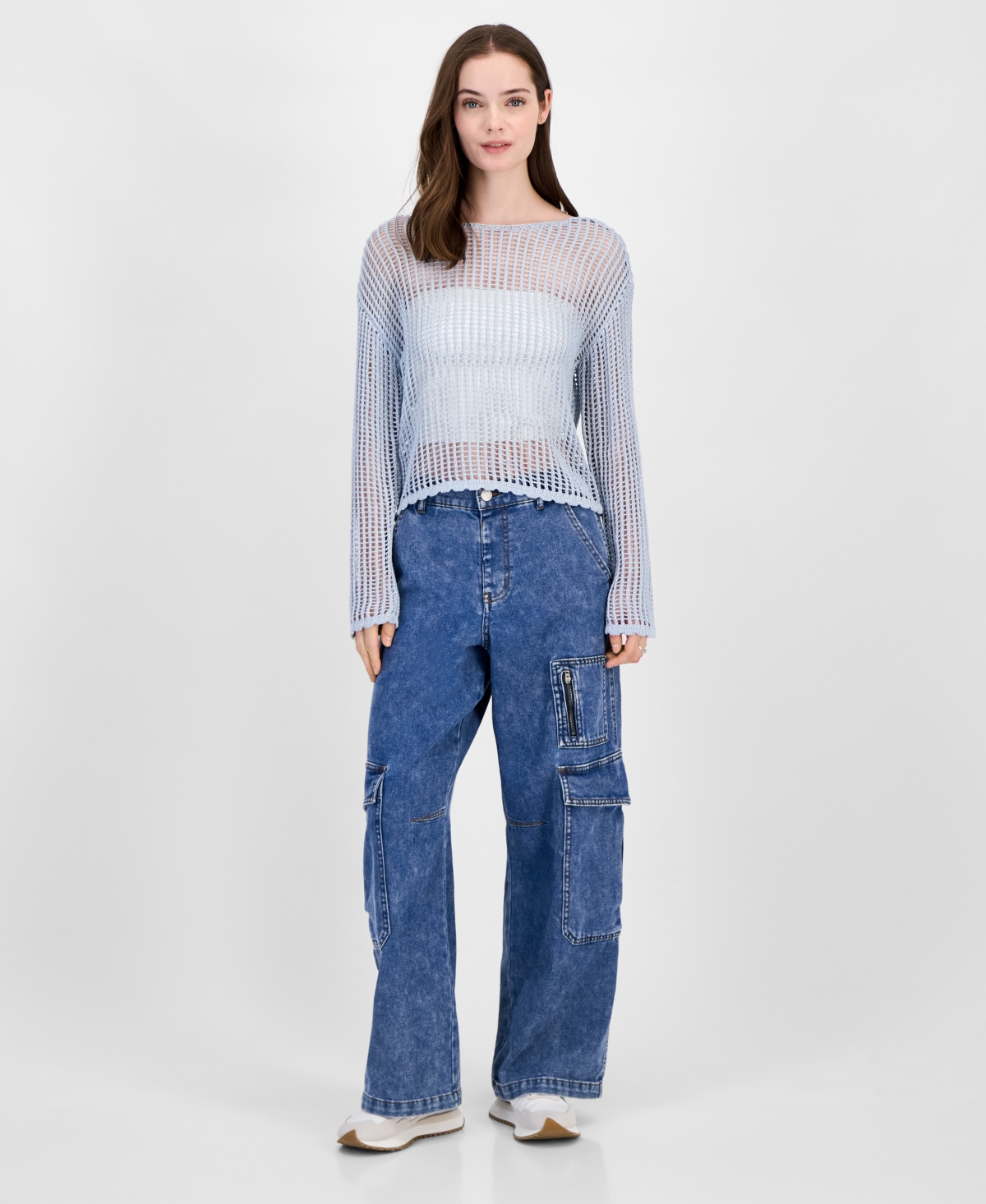 Ultra Flirt Juniors' Shimmer Open-knit Sweater In Shimmer Baby Blue
