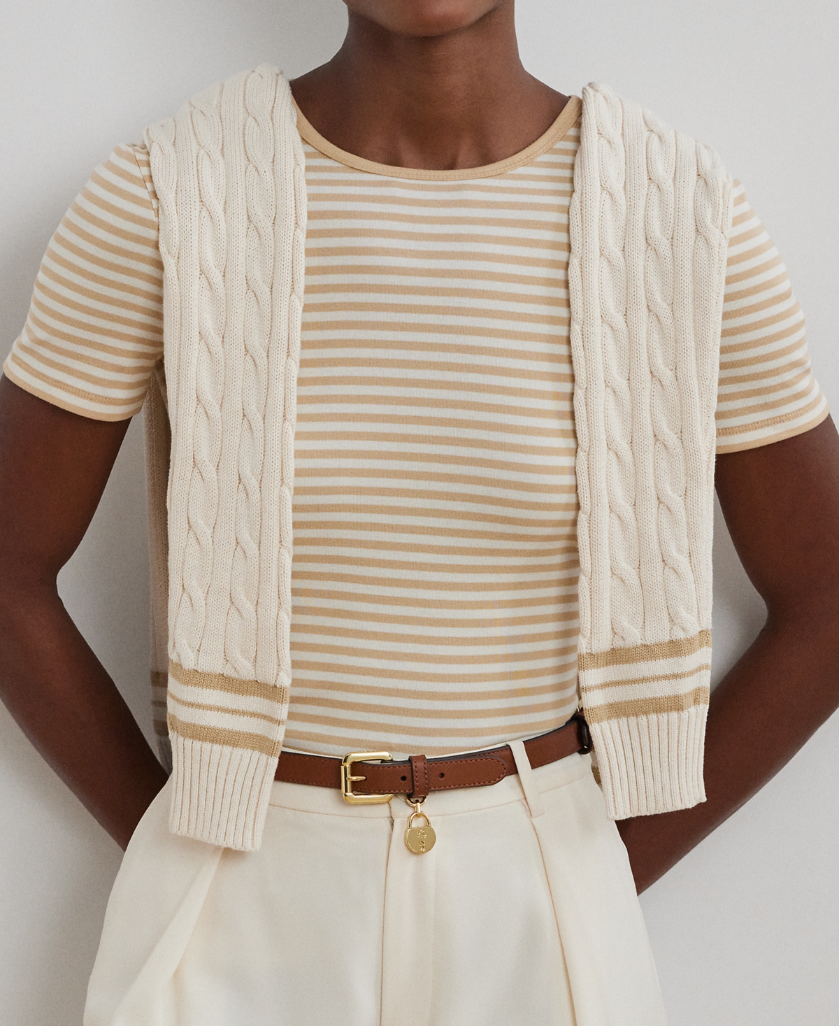 Shop Ralph Lauren Petite Striped Stretch Cotton Crewneck Tee In Sand Dune,mascarpone Cream