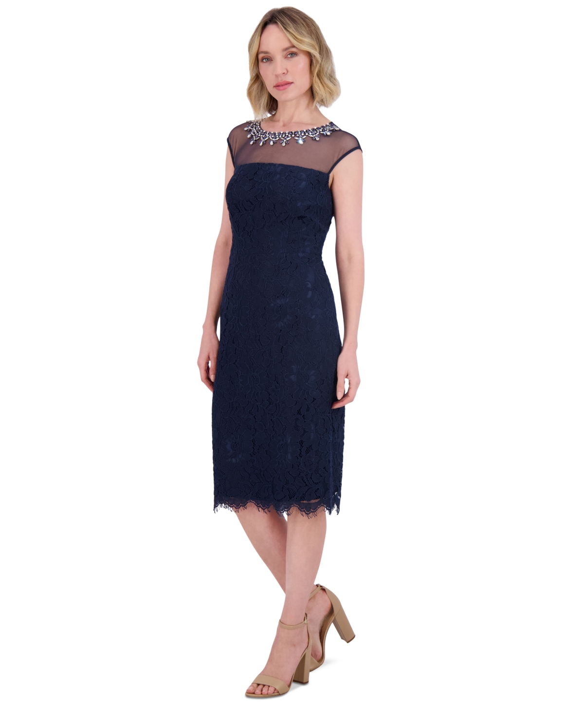 Shop Eliza J Women's Embellished-jewel-neck Sheath Dress In Navy