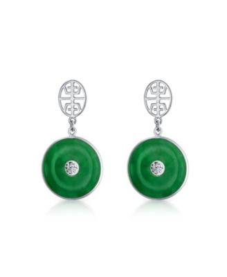 Asian Style Green Jade Dangle Earrings 14K Gold Plated Sterling Silver