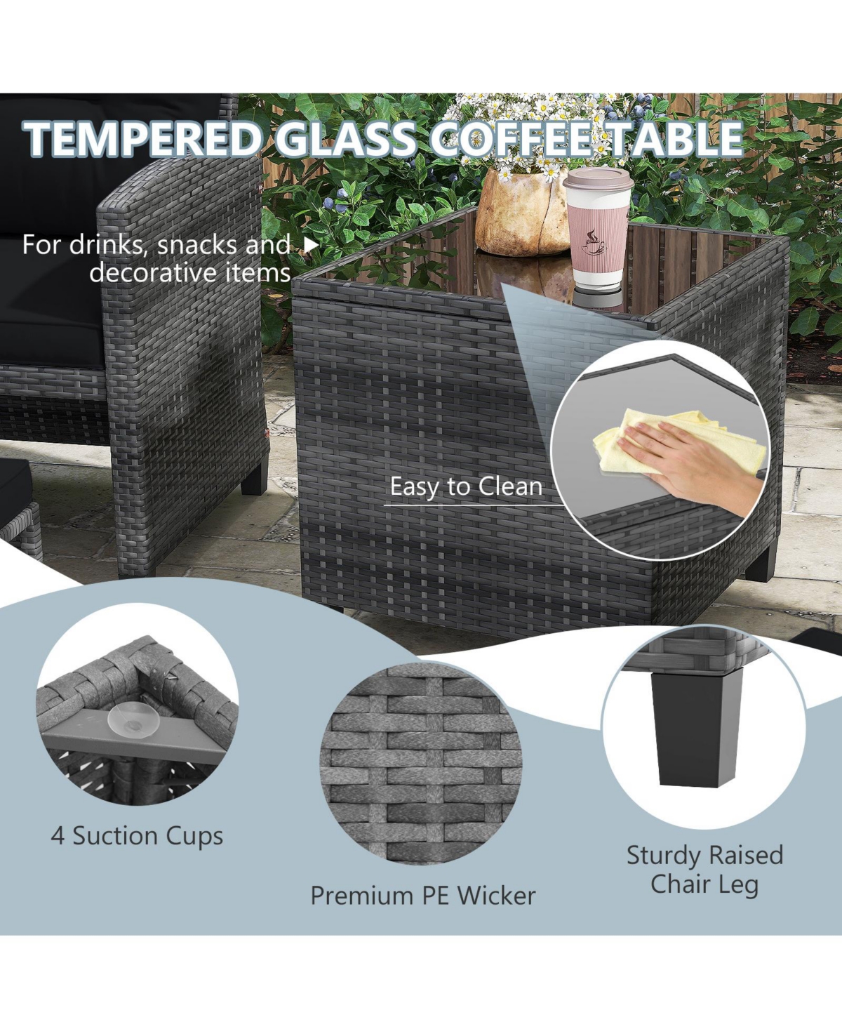 5-Piece Outdoor Rattan Furniture Set with 2 Ottomans and Glass Coffee Table