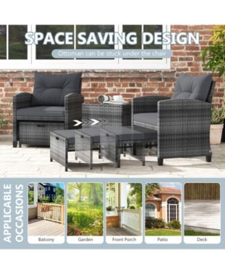 5-Piece Outdoor Rattan Furniture Set with 2 Ottomans and Glass Coffee Table