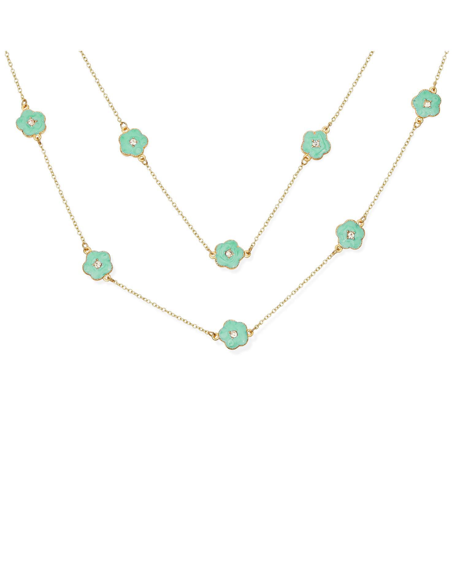 Long Crystal Enamel Rose Flower Double Wrap Clover Necklace Gold Tone 36"