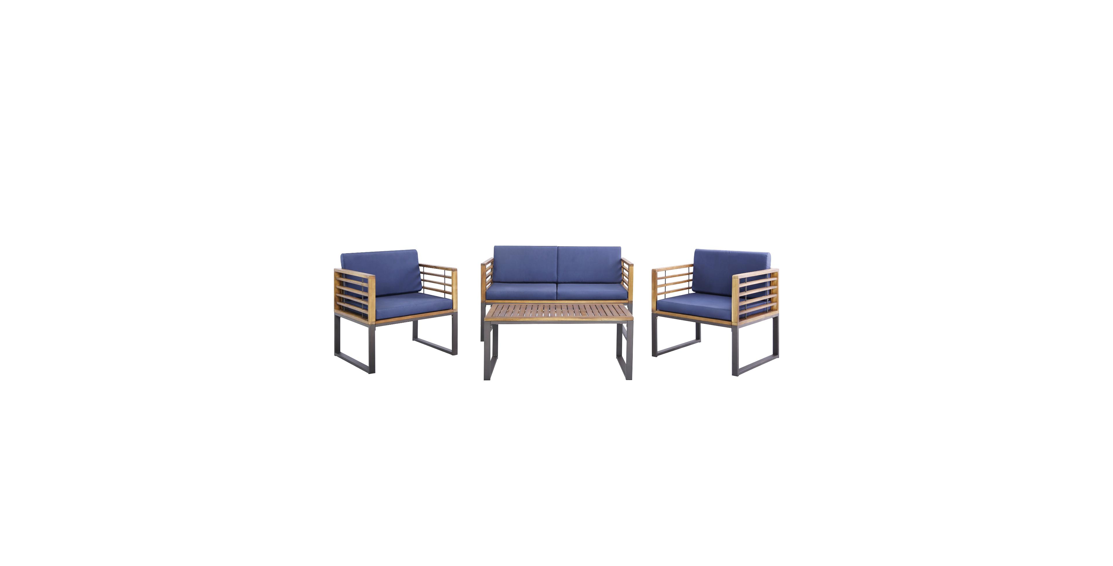4 Piece Patio Acacia Wood Conversation Set with Soft Seat