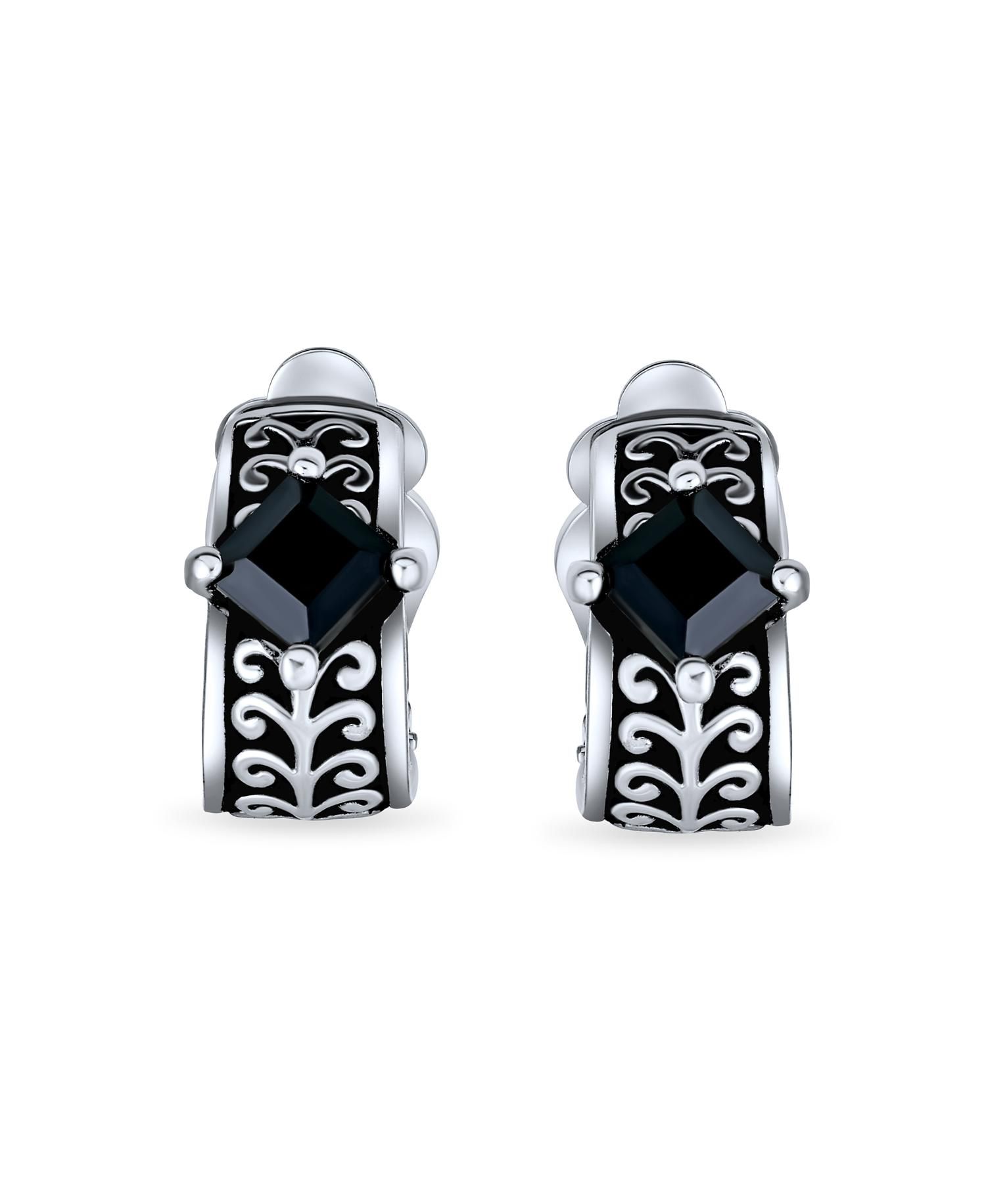 Bali Style Black Crystal Scroll Half Hoop Clip-On Earrings Silver Oxidized
