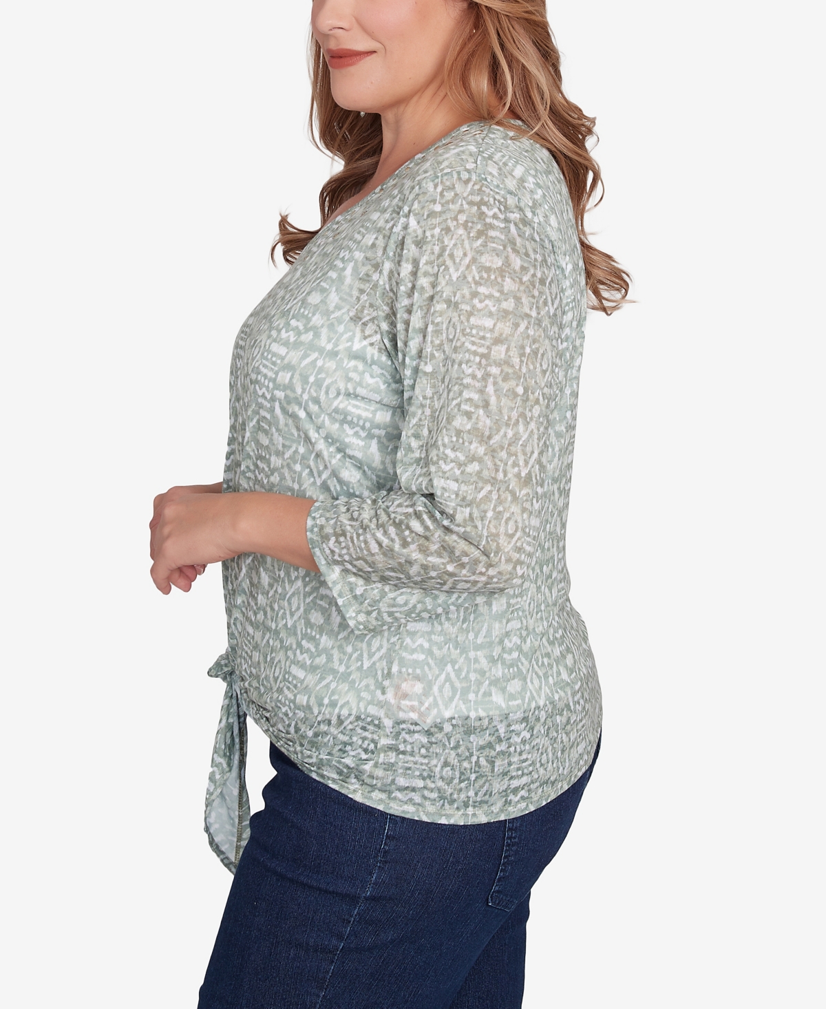 Hearts Of Palm Plus Size Spring Forward Printed Burnout V-neck Top In Willow Multi