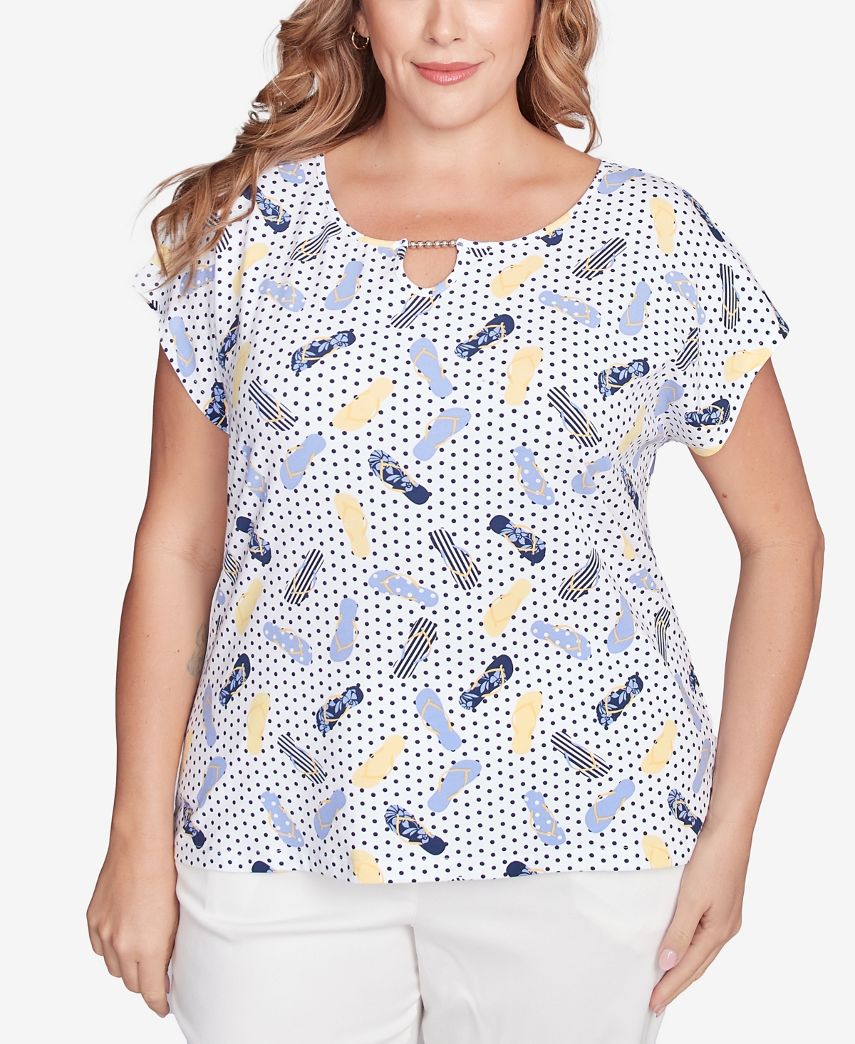 Hearts Of Palm Plus Size Making Waves Flip Flop Print Top In Light Blue Multi