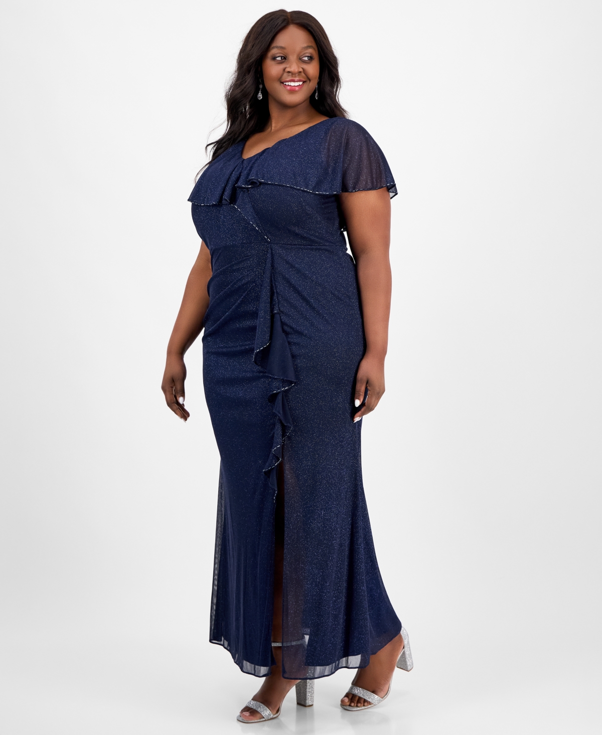 Sl Fashions Plus Size V-neck Caplet Ruffled Glitter Dress In Navy