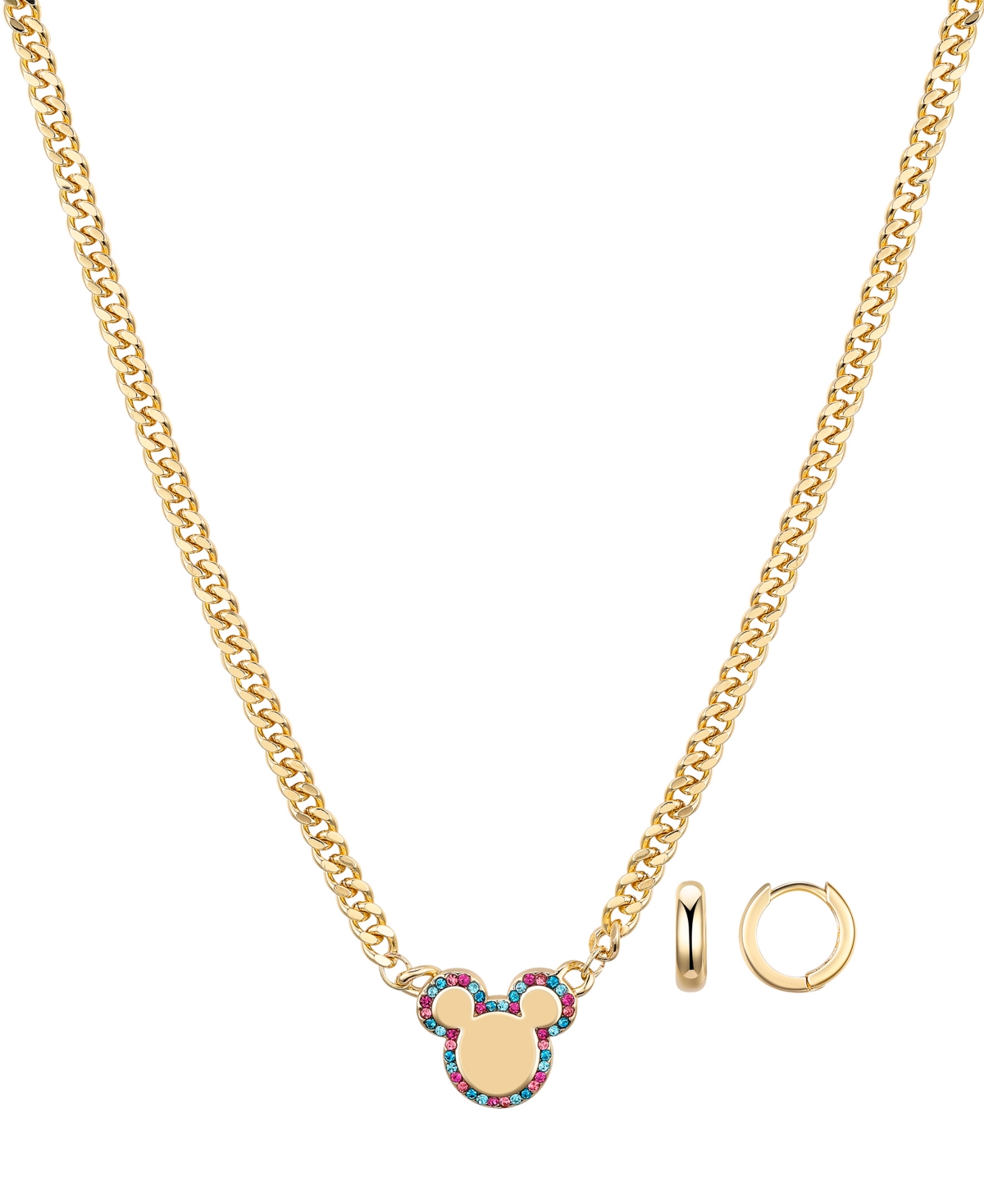 Disney Multi Color Crystal Mickey Mouse Curb Necklace And Hoop Earring Set In Gold