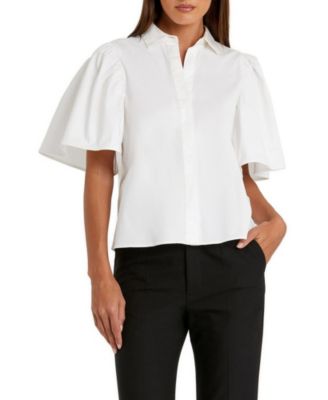 Women's Stretch Cotton Flare Ruffle Sleeve Button Up Top