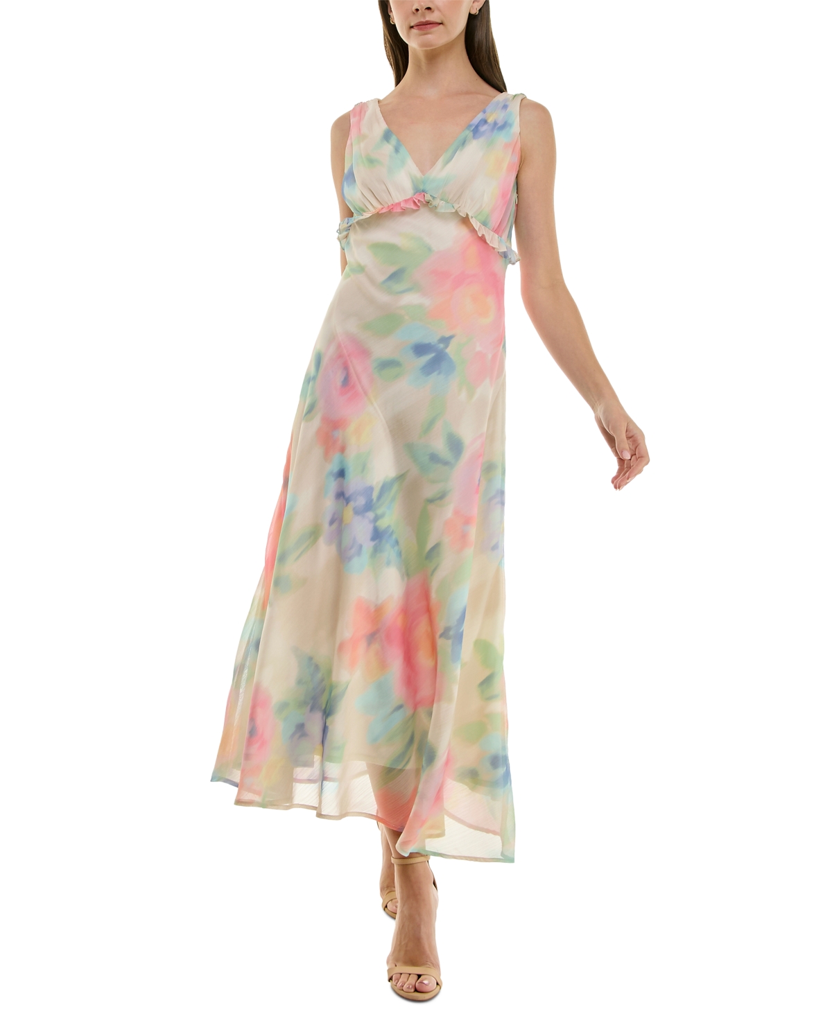 Women's Watercolor-Print Chiffon Ruffled Dress - Eggshell Musk Mist
