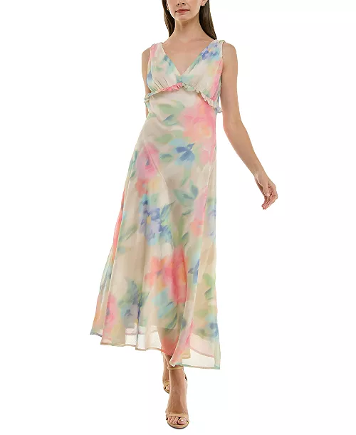 women's watercolor-print chiffon ruffled dress