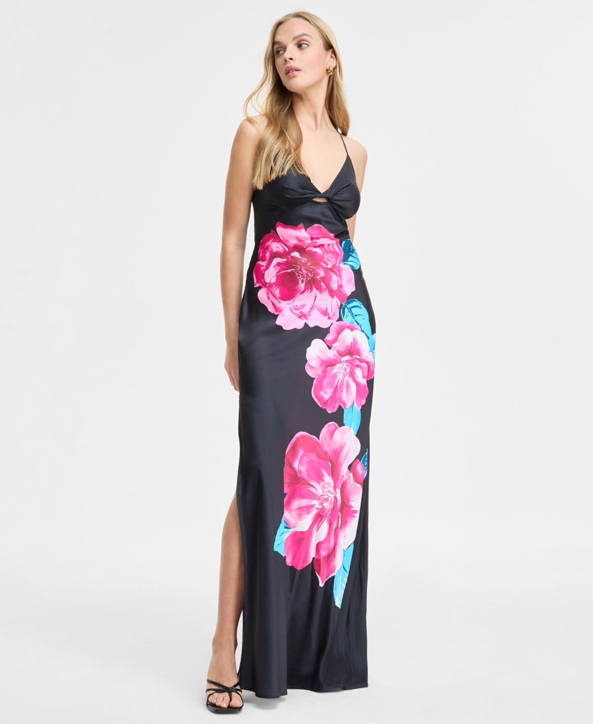 Juniors' Floral Print Sleeveless Column Gown, Created for Macy's - Black Pink
