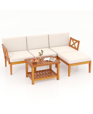 Gymax 5 PCS Acacia Wood Patio Furniture Set w/ 2-Tier Coffee Table and ...