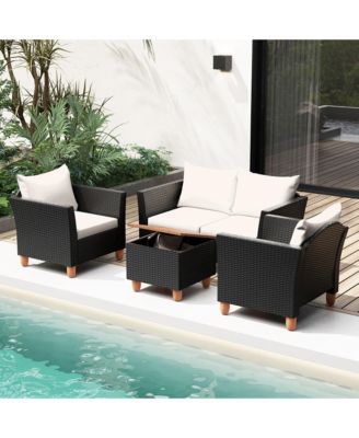 4 Piece Outdoor Conversation Set Patio Cushioned Chairs w/ Storage Coffee Table