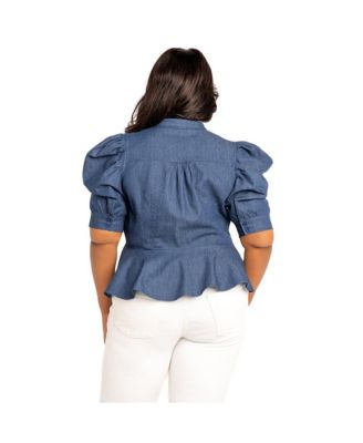 Women's Plus Size Ruched Sleeve Denim Peplum Blouse