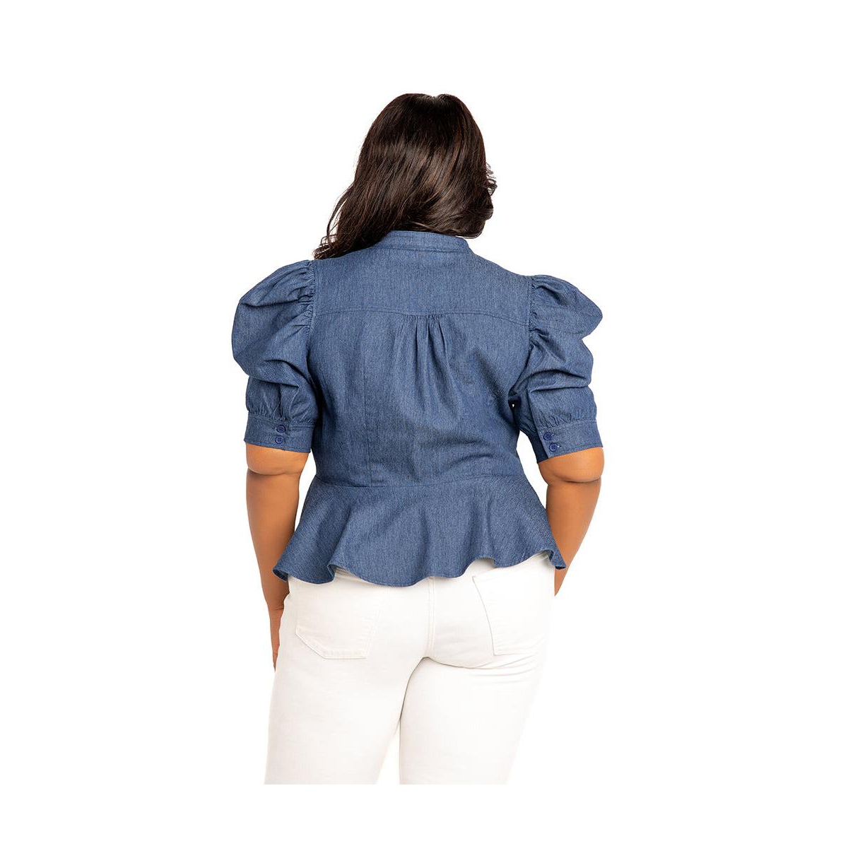 Shop Buxom Couture Women's Plus Size Ruched Sleeve Denim Peplum Blouse In Denim Blue