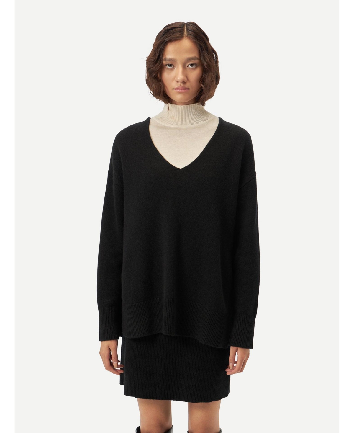 Women's Relaxed-Fit Cashmere V-Neck Sweater - 2XL / black / WK741-1481 - Black-blue graphite