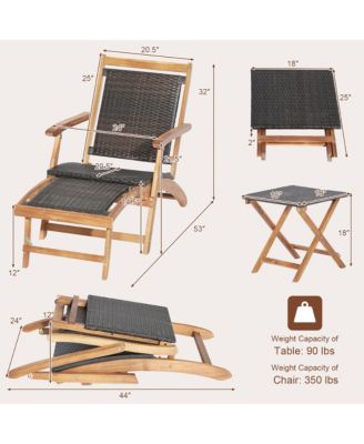 4PCS Patio Rattan Folding Lounge Chair Table Acacia Wood withRetractable Footrest