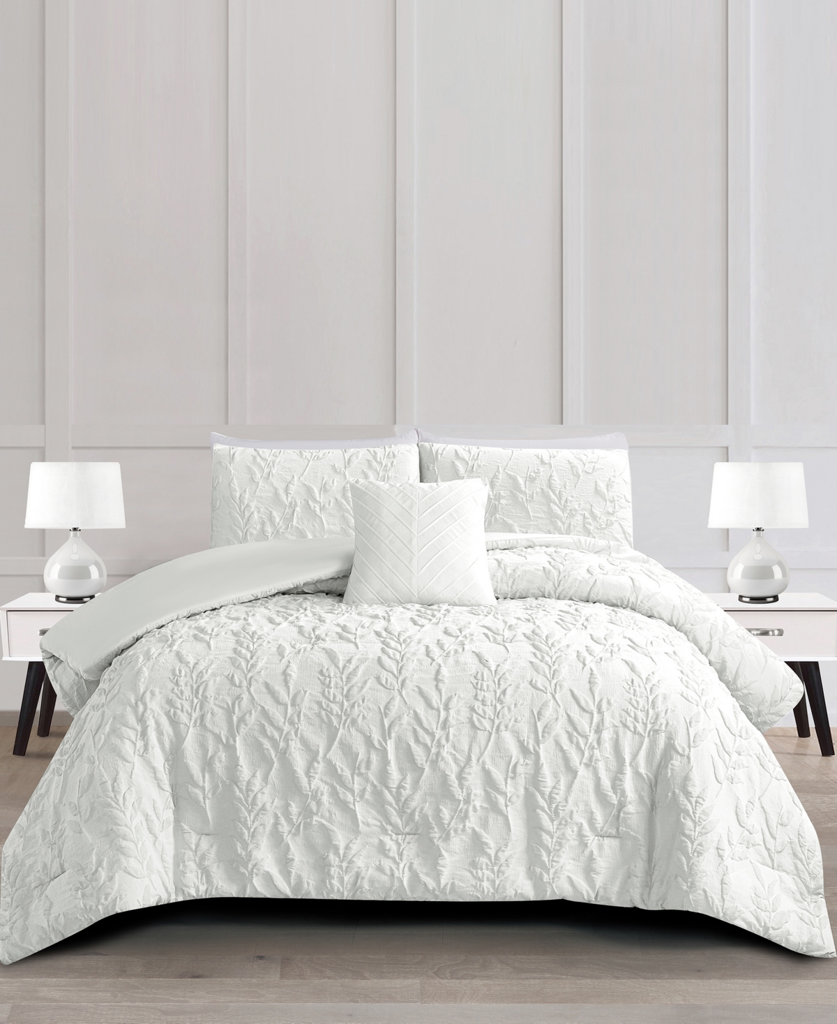 Rachel Roy Jacquard Puckered Botanical 4-pc. Comforter Set, Full/queen In White