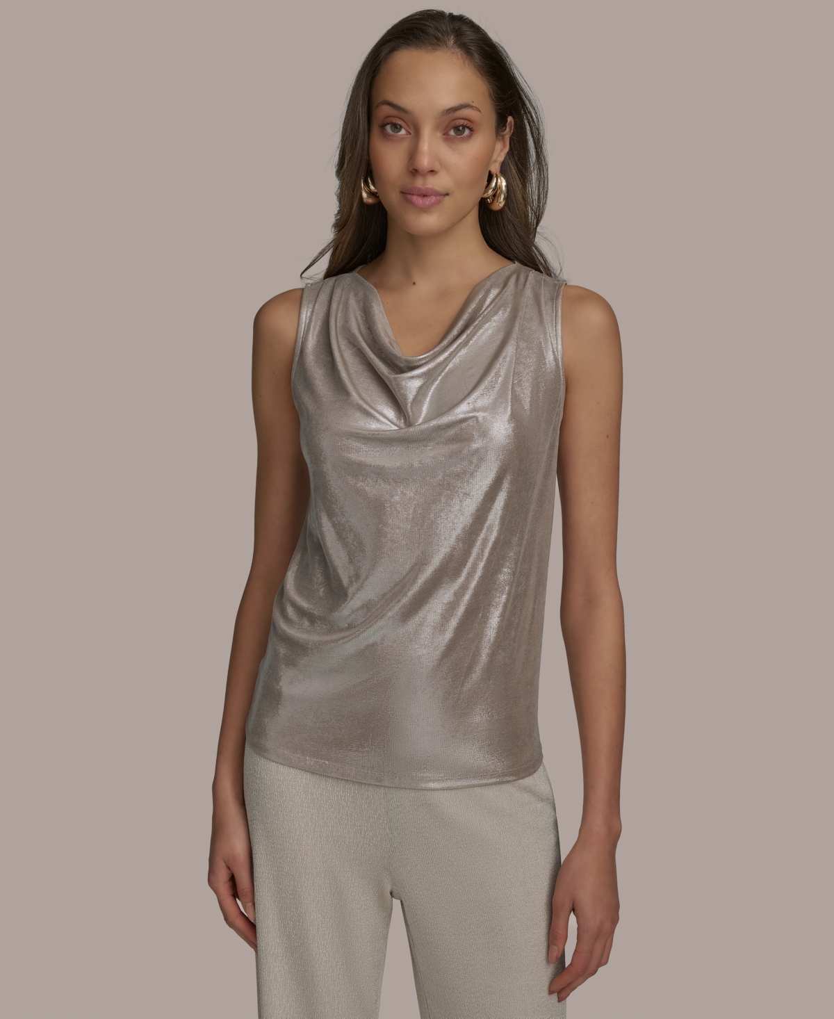 Shop Donna Karan Women's Sleeveless Cowlneck Foil Blouse In Latte,silver
