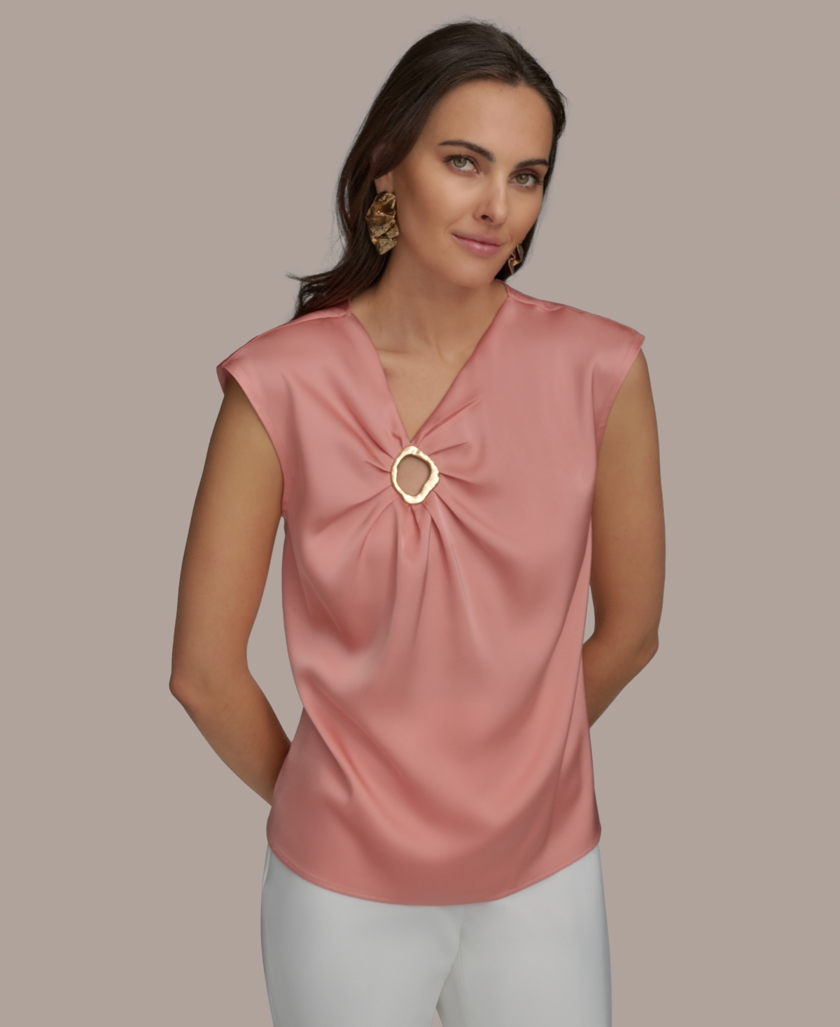 Shop Donna Karan Women's Cap-sleeve V-neck Blouse In Apricot