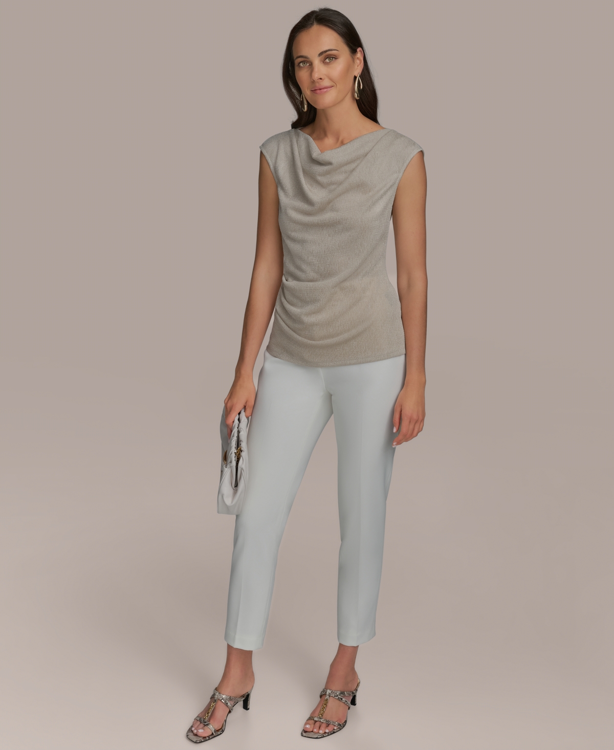 Shop Donna Karan Women's Sleeveless Drape Neck Blouse In Tuscan Grey
