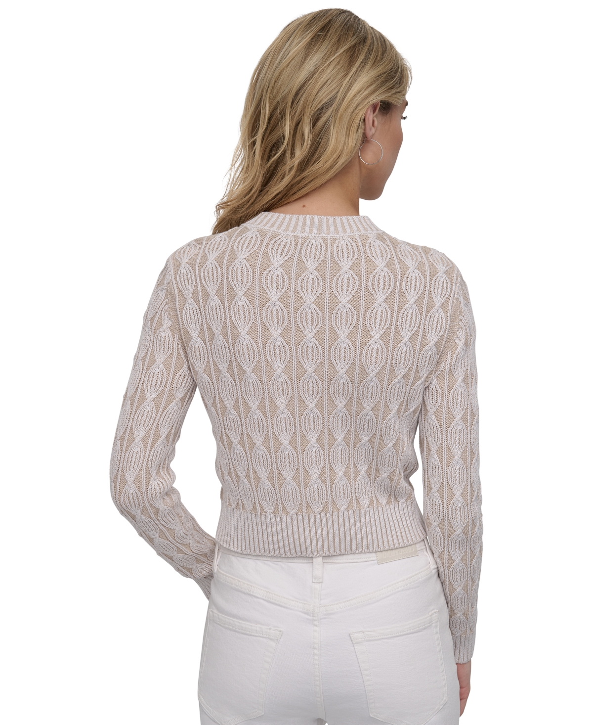 Shop Dkny Jeans Women's Long-sleeve Cotton Cable-knit Crewneck Sweater In Ayt - Wht,pebble