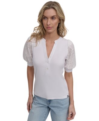 DKNY Jeans - Women's Puff-Sleeve Henley Top