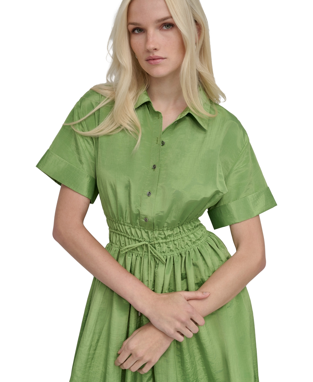 Dkny Petite Textured Drawstring-waist Shirtdress In Salted Lime