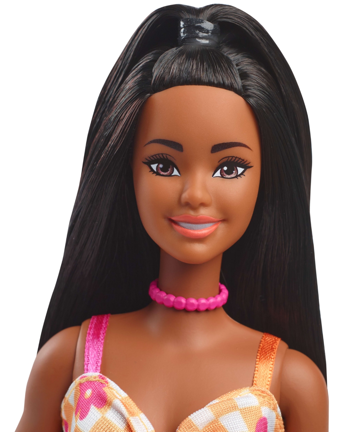 Shop Barbie Fashionistas Doll 233 In Checkered Flower Midi Dress, Black Hair In Multi-color