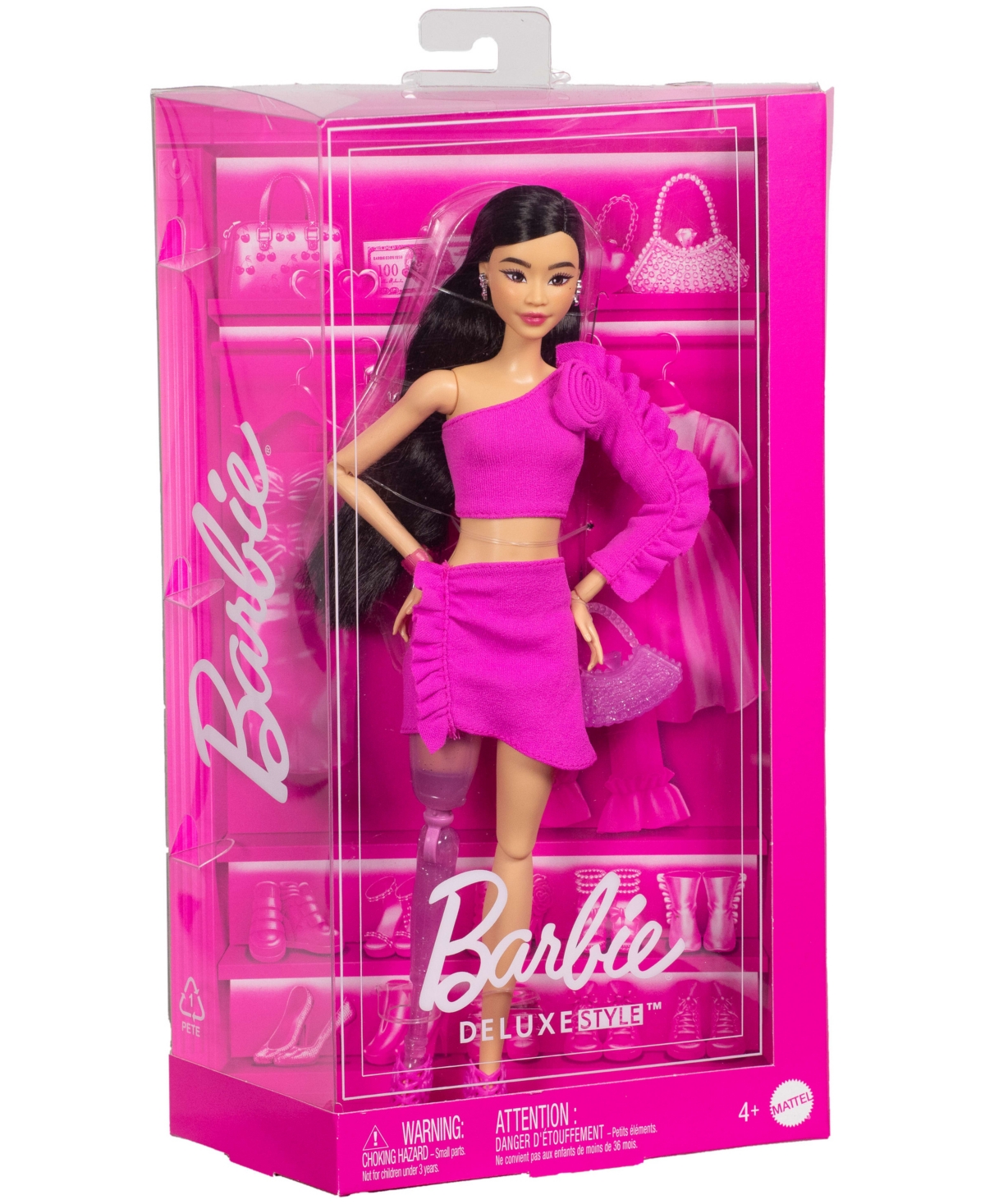 BARBIE DELUXE STYLE 2 DOLL IN PINK BARBIECORE TOP AND SKIRT SET, BLACK HAIR & PROSTHETIC LEG 
