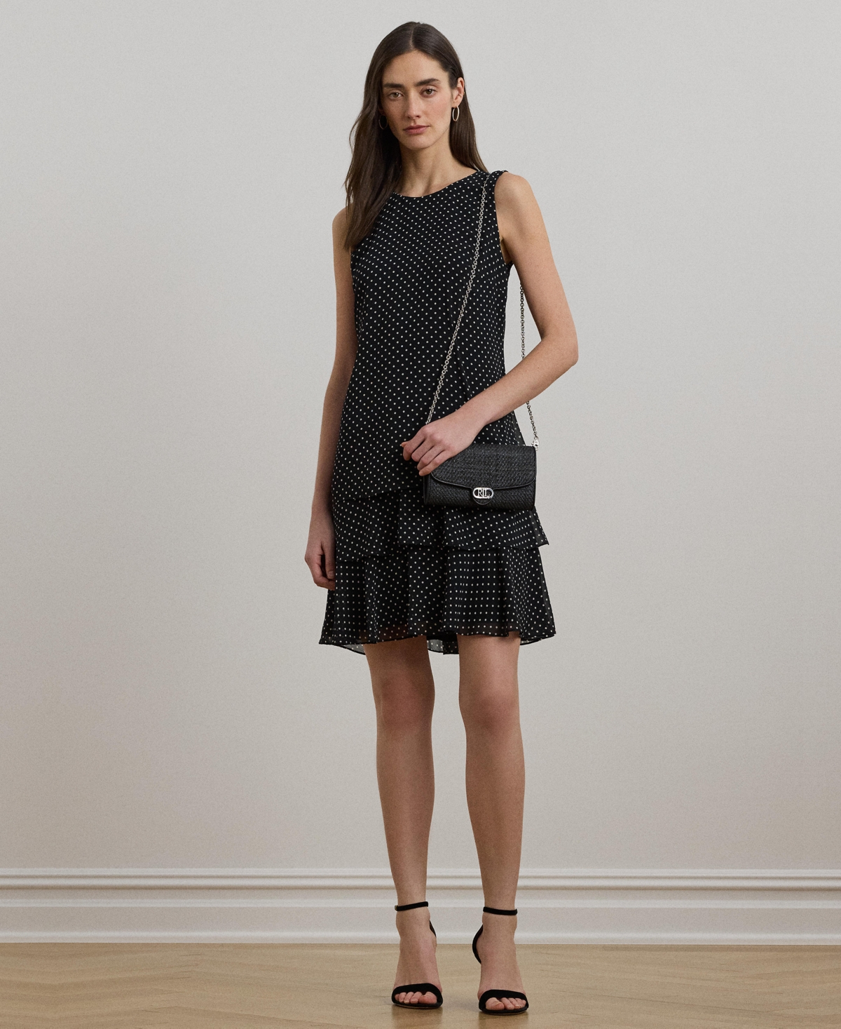 Ralph Lauren Women's Polka-dot Crinkle Georgette Shift Dress In Black,cream