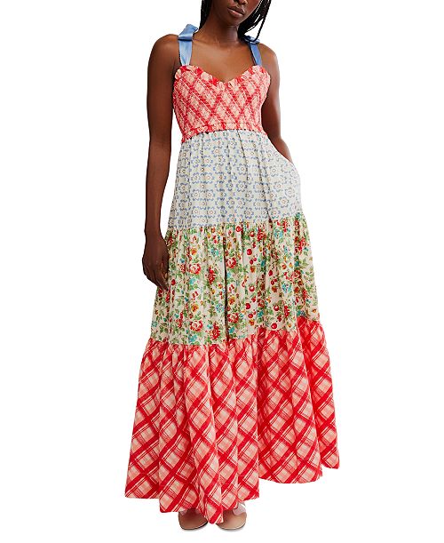 alfani Free People Women's Bluebell Cotton Mixed-Print Tiered Maxi Dress Women's Fashion Shoes & Accessories