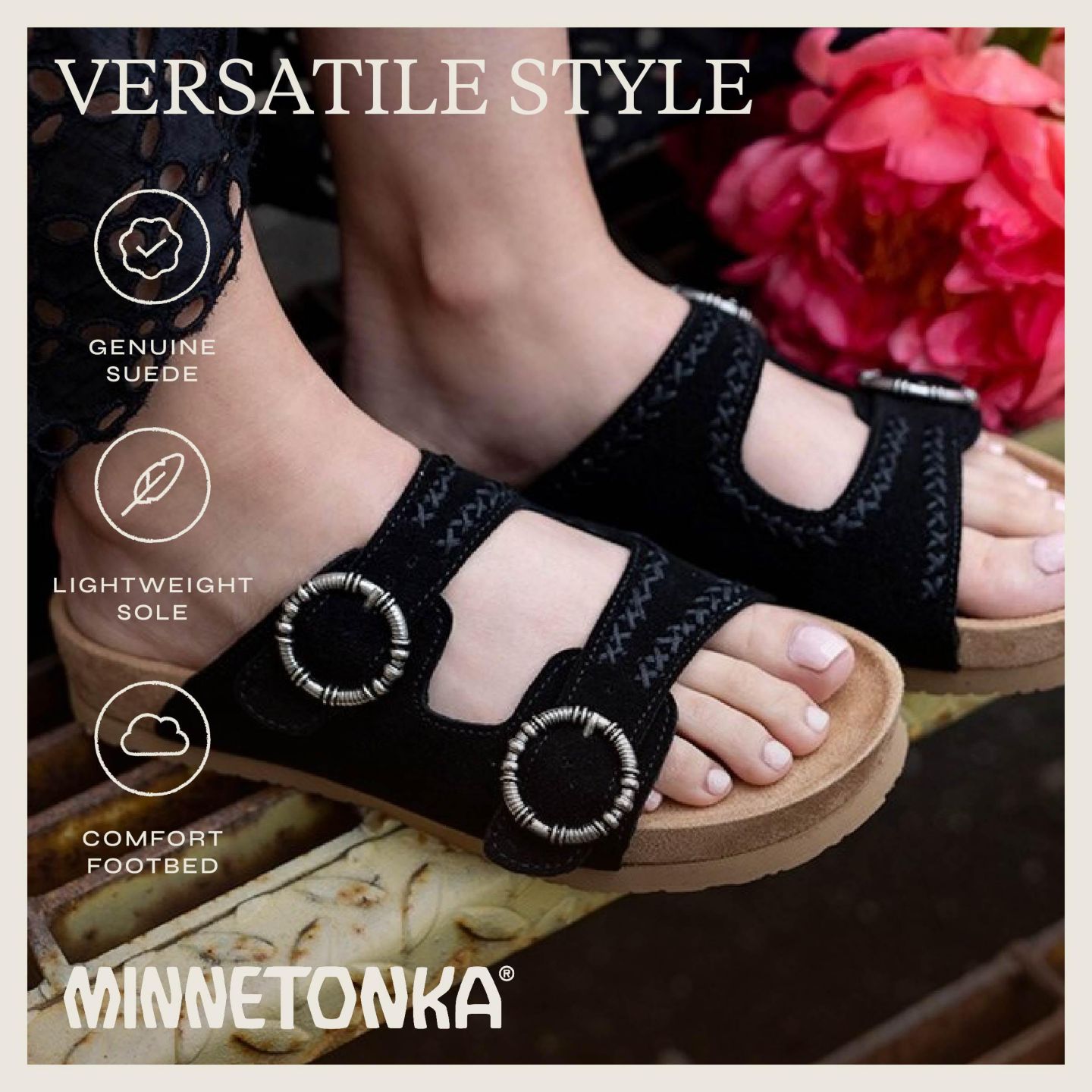 Женские сандалии Minnetonka Georgine Classic Suede Buckle Slide, цвет: Чёрный — фото 7