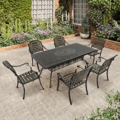 7pcs Outdoor Furniture Set Cast Aluminium Patio Dining Set 6 Outdoor Dining Chairs and 71 Inches Rectangular Dining Table for Balcony Porch Backyard Garden