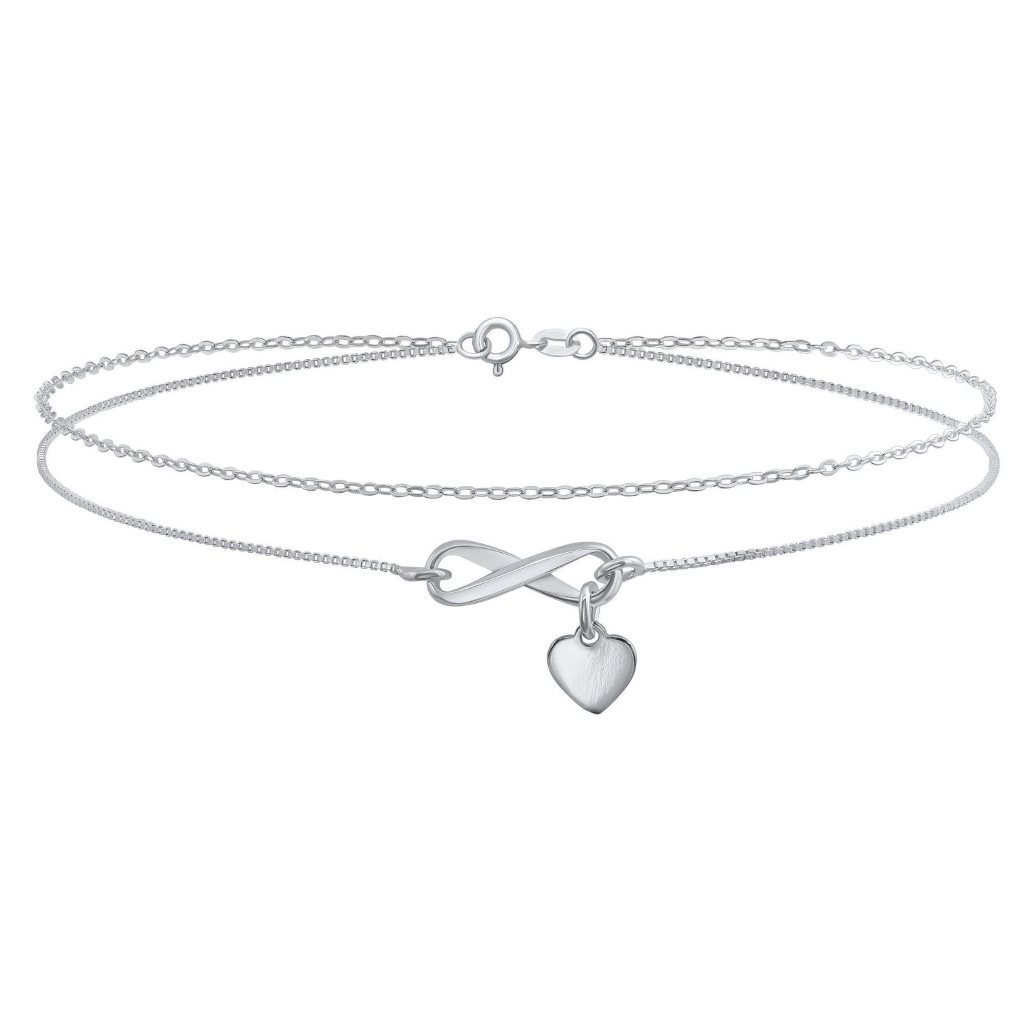 Infinity and Heart Anklet Charm Ankle Bracelet Double Strand Sterling Silver