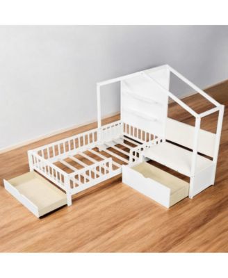 Twin Size House Bed Kids Platform Bed with Padded Bench
