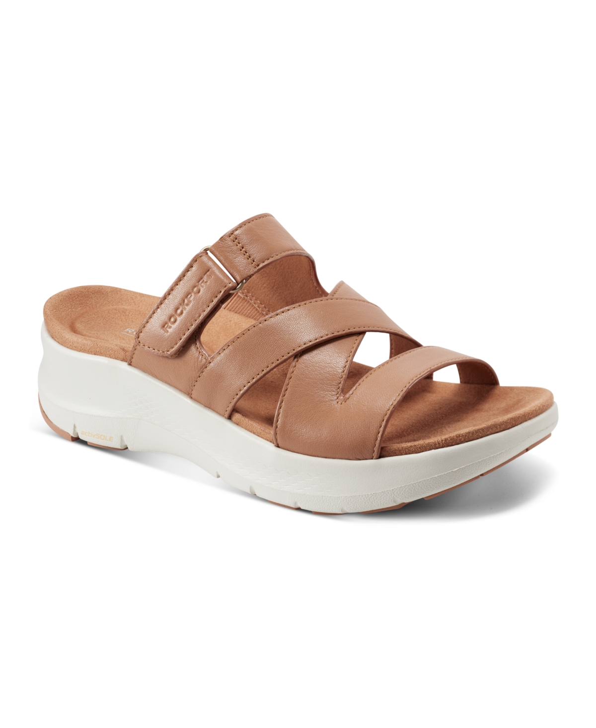 Shop Rockport Women's Qwyn Slip-on Strappy Casual Wedge Sandals In Cognac Leather