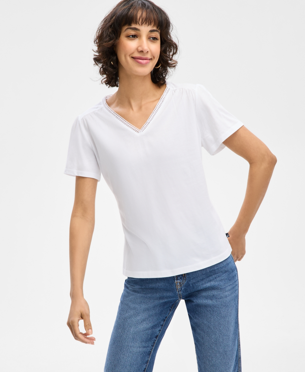 Nautica Jeans Women's Lace-trim V-neck T-shirt In Bright White