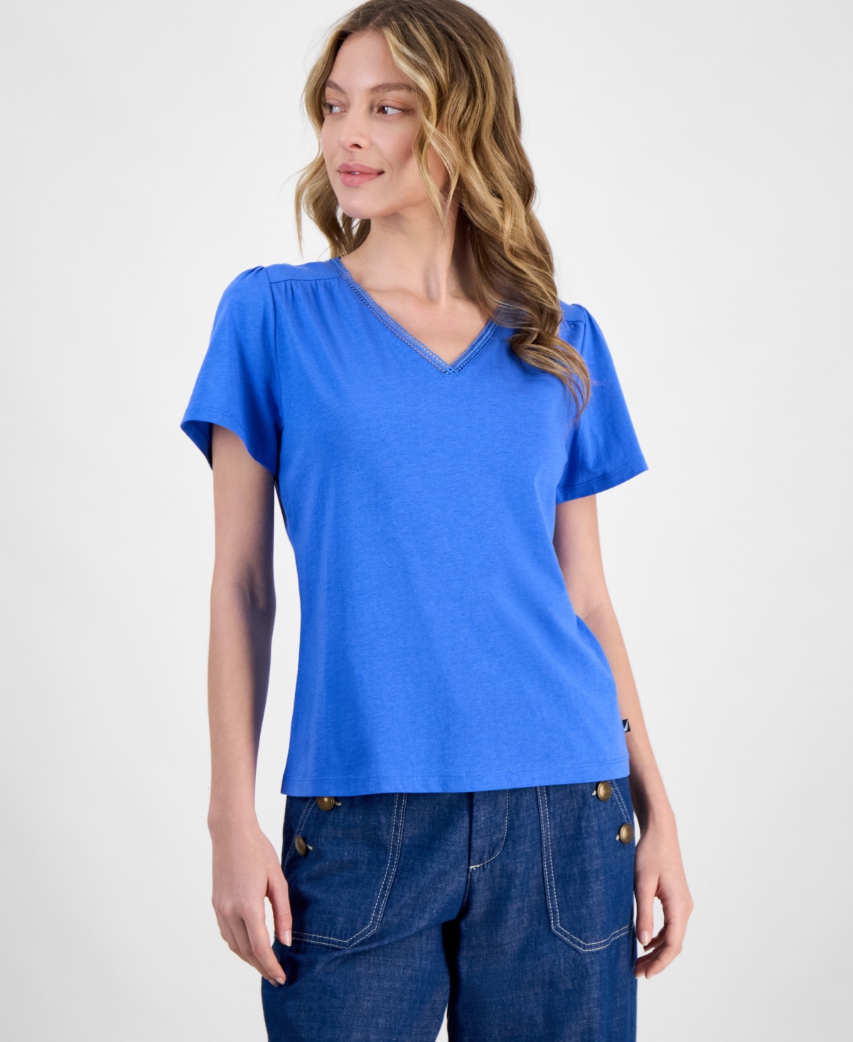 Nautica Jeans Women's Lace-trim V-neck T-shirt In Pacific Blue