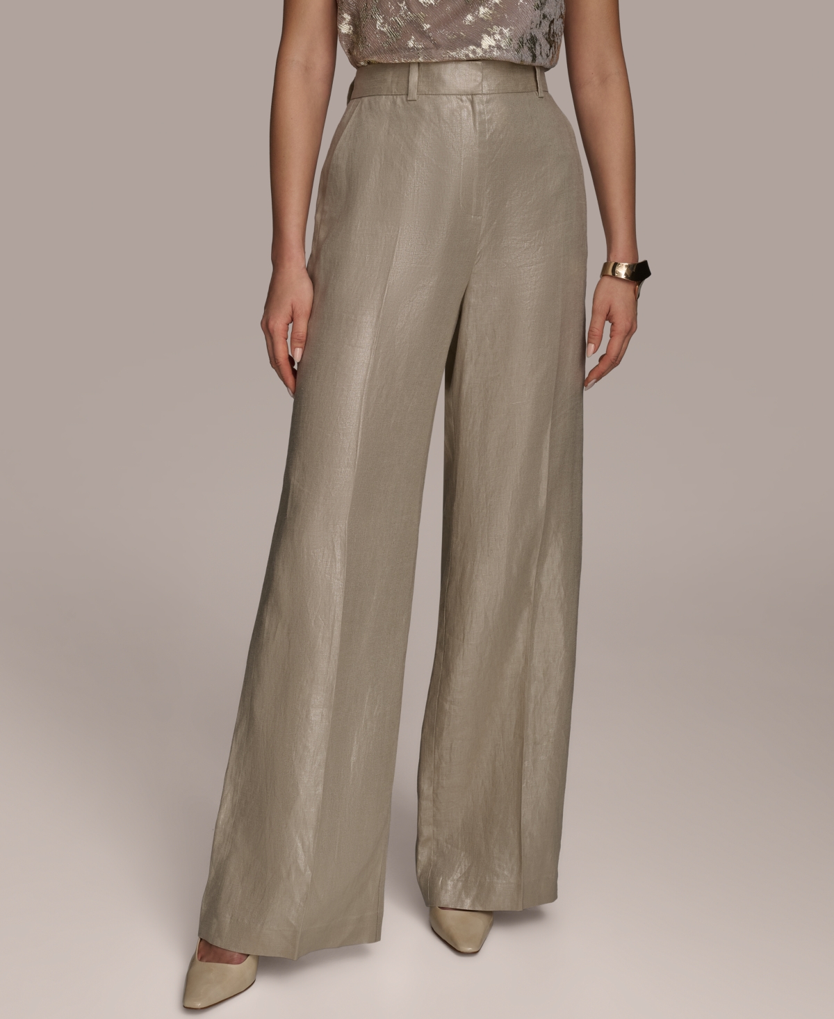 Women's Metallic Linen Wide-Leg Pants - Cobblestone/gold