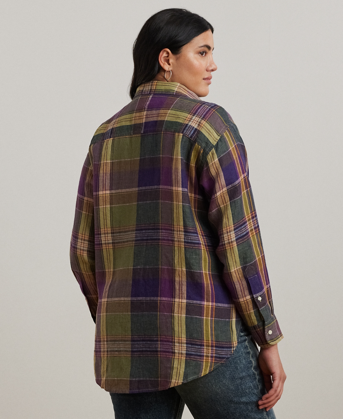 Ralph Lauren Plus Size Relaxed-fit Plaid Linen Shirt In Purple,green Multi