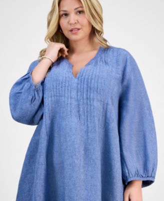 Plus Size Linen Pleated Blouson-Sleeve Shift Dress, Exclusively at Macy's
